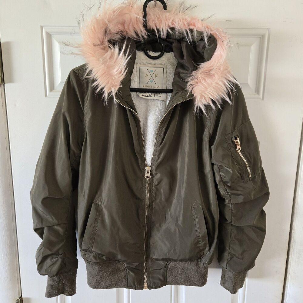 Vintage Angel Kiss Faux Fur Hood Bomber Jacket Womens Small Y2K Pink Olive Cozy
